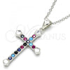 Sterling Silver Pendant Necklace, Cross Design, with Multicolor Cubic Zirconia, Polished, Rhodium Finish, 04.336.0082.16
