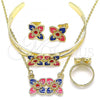 Oro Laminado Necklace, Bracelet, Earring and Ring, Gold Filled Style Flower Design, Multicolor Enamel Finish, Golden Finish, 06.361.0030