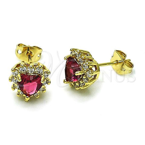 Oro Laminado Stud Earring, Gold Filled Style Heart and Cluster Design, with Ruby and White Cubic Zirconia, Polished, Golden Finish, 02.342.0336
