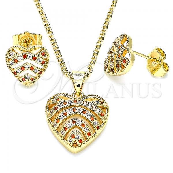 Oro Laminado Earring and Pendant Adult Set, Gold Filled Style Heart Design, with Garnet and White Micro Pave, Polished, Golden Finish, 10.156.0299.1