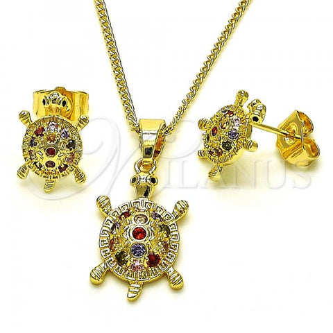 Oro Laminado Earring and Pendant Adult Set, Gold Filled Style Turtle Design, with Multicolor Cubic Zirconia, Polished, Golden Finish, 10.210.0163