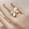 Oro Laminado Multi Stone Ring, Gold Filled Style Leaf and Butterfly Design, with White Micro Pave, Polished, Golden Finish, 01.428.0004