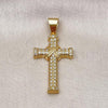 Oro Laminado Religious Pendant, Gold Filled Style Cross Design, with White Cubic Zirconia, Polished, Golden Finish, 05.342.0216