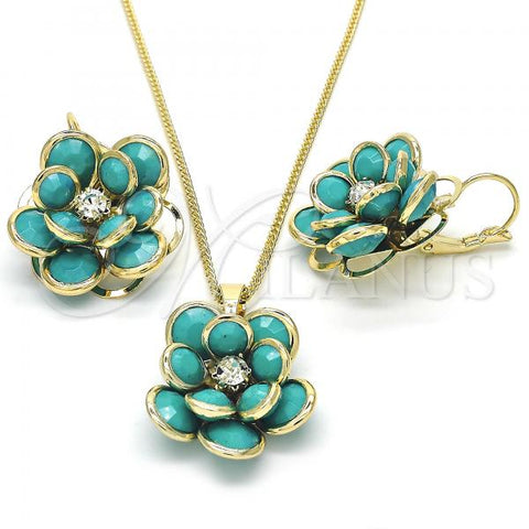 Oro Laminado Earring and Pendant Adult Set, Gold Filled Style Flower Design, with Turquoise and White Crystal, Polished, Golden Finish, 10.64.0158