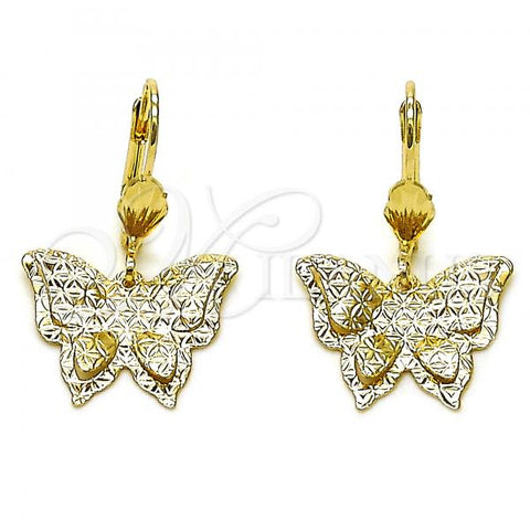 Oro Laminado Dangle Earring, Gold Filled Style Butterfly and Flower Design, Diamond Cutting Finish, Golden Finish, 5.066.013