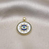 Oro Laminado Fancy Pendant, Gold Filled Style Evil Eye Design, with Sapphire Blue and White Micro Pave, White Enamel Finish, Golden Finish, 05.411.0017