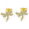 Oro Laminado Stud Earring, Gold Filled Style Dragon-Fly Design, with White Micro Pave, Polished, Golden Finish, 02.344.0065