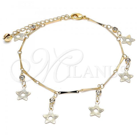 Oro Laminado Charm Anklet , Gold Filled Style Star and Rattle Charm Design, with White Crystal, Polished, Golden Finish, 03.213.0105.10