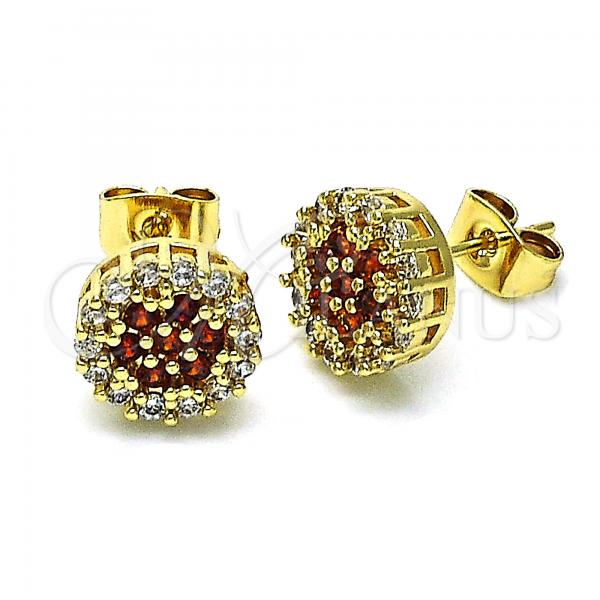Oro Laminado Stud Earring, Gold Filled Style Flower Design, with Garnet and White Cubic Zirconia, Polished, Golden Finish, 02.344.0076.6