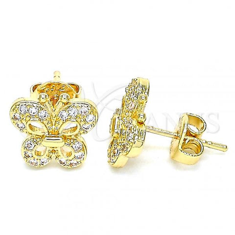 Oro Laminado Stud Earring, Gold Filled Style Butterfly Design, with White Micro Pave, Polished, Golden Finish, 02.233.0011.4