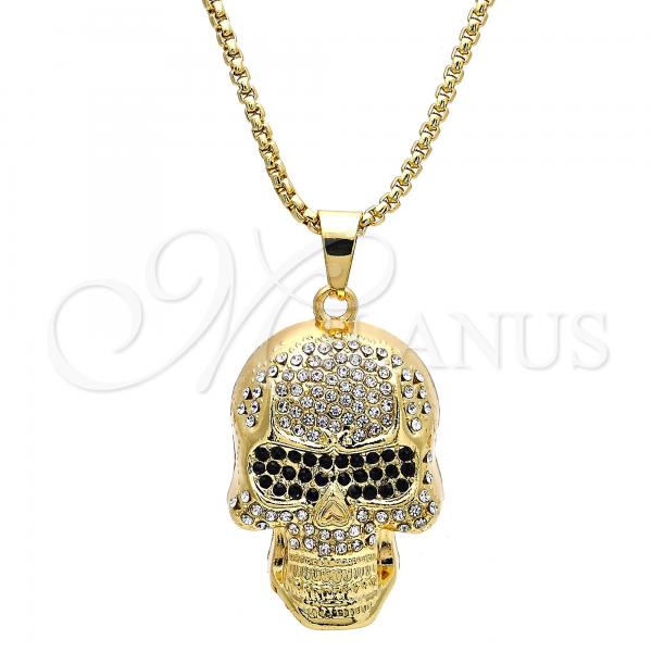 Oro Laminado Pendant Necklace, Gold Filled Style Skull Design, with White and Black Crystal, Polished, Golden Finish, 04.242.0076.30