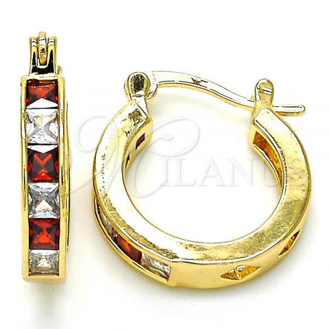 Oro Laminado Small Hoop, Gold Filled Style with Garnet and White Cubic Zirconia, Polished, Golden Finish, 02.210.0294.1.20