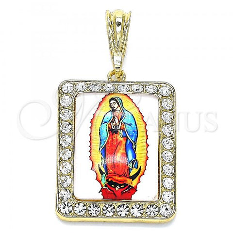 Oro Laminado Religious Pendant, Gold Filled Style Guadalupe Design, with White Crystal, Polished, Golden Finish, 05.380.0115