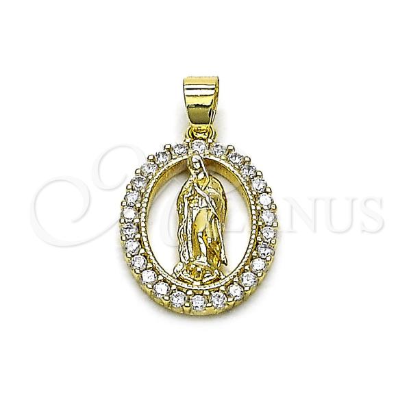 Oro Laminado Religious Pendant, Gold Filled Style Guadalupe Design, with White Cubic Zirconia, Polished, Golden Finish, 05.213.0174