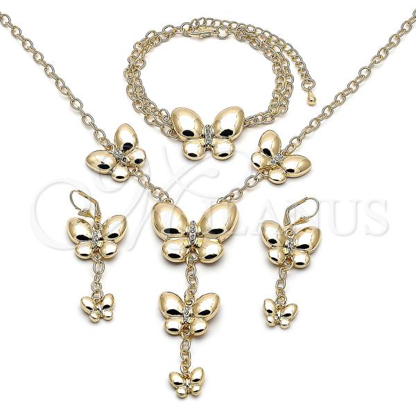 Oro Laminado Necklace, Bracelet, Earring and Ring, Gold Filled Style Butterfly and Rolo Design, with White Crystal, Polished, Golden Finish, 06.372.0085