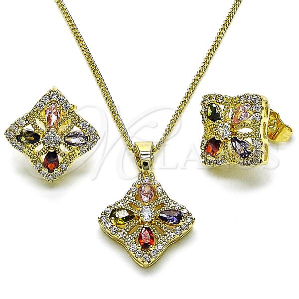 Oro Laminado Earring and Pendant Adult Set, Gold Filled Style Four-leaf Clover Design, with Multicolor and White Cubic Zirconia, Polished, Golden Finish, 10.210.0183.2