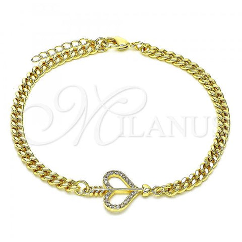 Oro Laminado Fancy Bracelet, Gold Filled Style Heart Design, with White Micro Pave, Polished, Golden Finish, 03.156.0029.08