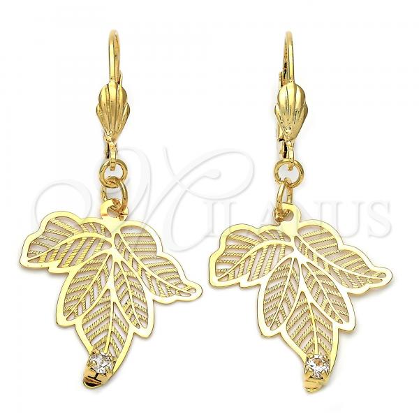 Oro Laminado Dangle Earring, Gold Filled Style Leaf Design, with White Cubic Zirconia, Diamond Cutting Finish, Golden Finish, 73.008