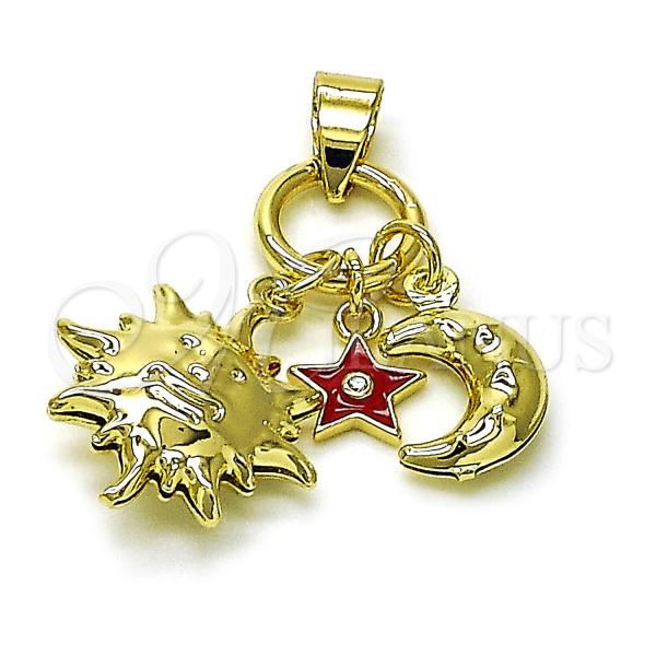 Oro Laminado Fancy Pendant, Gold Filled Style Sun and Moon Design, with White Cubic Zirconia, Red Enamel Finish, Golden Finish, 05.213.0154
