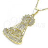 Oro Laminado Religious Pendant, Gold Filled Style Caridad del Cobre Design, with White Cubic Zirconia, Polished, Golden Finish, 05.253.0153