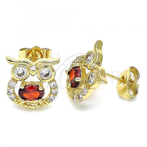 Oro Laminado Stud Earring, Gold Filled Style Owl Design, with Garnet Cubic Zirconia and White Micro Pave, Polished, Golden Finish, 02.210.0376