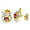 Oro Laminado Stud Earring, Gold Filled Style Owl Design, with Garnet Cubic Zirconia and White Micro Pave, Polished, Golden Finish, 02.210.0376