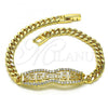Oro Laminado Fancy Bracelet, Gold Filled Style Greek Key and Miami Cuban Design, with White Micro Pave, Polished, Golden Finish, 03.283.0274.07