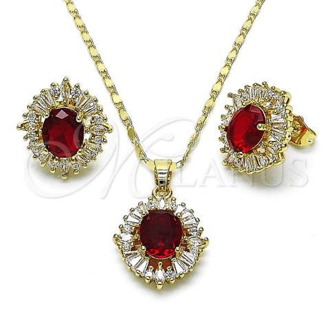 Oro Laminado Earring and Pendant Adult Set, Gold Filled Style Cluster and Baguette Design, with Garnet and White Cubic Zirconia, Polished, Golden Finish, 10.284.0043.2