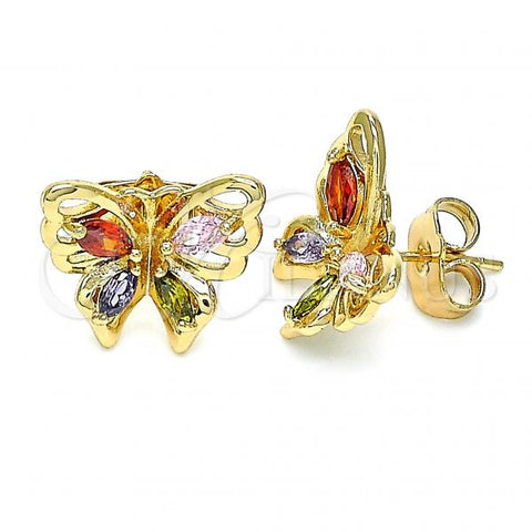 Oro Laminado Stud Earring, Gold Filled Style Butterfly Design, with Multicolor Cubic Zirconia, Polished, Golden Finish, 02.387.0028.1