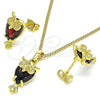 Oro Laminado Earring and Pendant Adult Set, Gold Filled Style Owl Design, with Garnet Crystal, Polished, Golden Finish, 10.379.0008.1