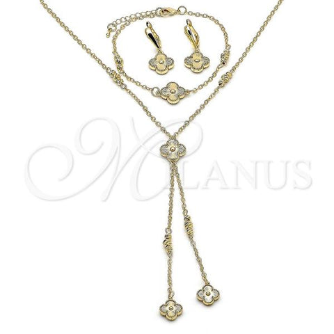 Oro Laminado Necklace, Bracelet, Earring and Ring, Gold Filled Style Four-leaf Clover and Rolo Design, Diamond Cutting Finish, Golden Finish, 06.372.0089