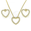 Oro Laminado Earring and Pendant Adult Set, Gold Filled Style Heart Design, with White Micro Pave, Polished, Golden Finish, 10.156.0244