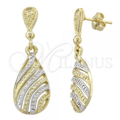 Oro Laminado Dangle Earring, Gold Filled Style Teardrop Design, Diamond Cutting Finish, Two Tone, 02.55.0014