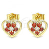 Oro Laminado Stud Earring, Gold Filled Style Heart and Flower Design, with Garnet and White Cubic Zirconia, Polished, Golden Finish, 02.210.0096.2