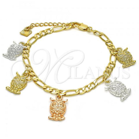 Oro Laminado Charm Bracelet, Gold Filled Style Owl Design, Polished, Tricolor, 03.351.0028.07