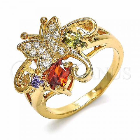 Oro Laminado Multi Stone Ring, Gold Filled Style Butterfly Design, with Multicolor Cubic Zirconia, Polished, Golden Finish, 01.365.0010.08 (Size 8)