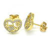 Oro Laminado Stud Earring, Gold Filled Style Heart and Love Design, with White Micro Pave, Polished, Golden Finish, 02.156.0391