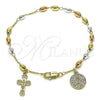 Oro Laminado Bracelet Rosary, Gold Filled Style San Benito and Cross Design, with White Micro Pave, Polished, Tricolor, 09.253.0074.08