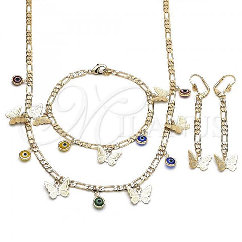 Oro Laminado Necklace, Bracelet and Earring, Gold Filled Style Butterfly and Evil Eye Design, Multicolor Resin Finish, Golden Finish, 06.213.0010