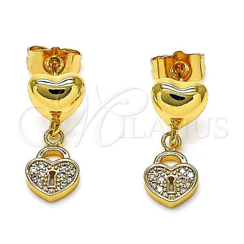 Oro Laminado Dangle Earring, Gold Filled Style Heart and Lock Design, with White Micro Pave, Polished, Golden Finish, 02.156.0687