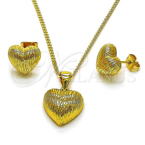 Oro Laminado Earring and Pendant Adult Set, Gold Filled Style Heart Design, Brushed Finish, Golden Finish, 10.342.0216