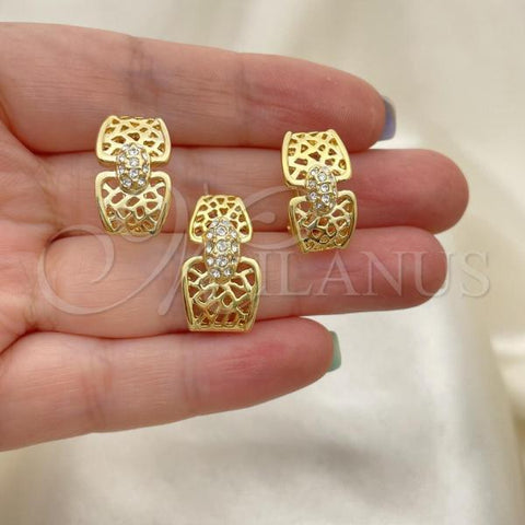 Oro Laminado Earring and Pendant Adult Set, Gold Filled Style with White Crystal, Polished, Golden Finish, 10.59.0014