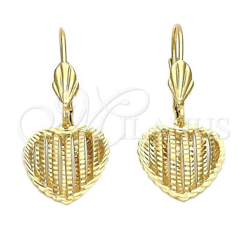 Oro Laminado Dangle Earring, Gold Filled Style Heart Design, Diamond Cutting Finish, Golden Finish, 5.069.012