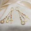 Oro Laminado Long Earring, Gold Filled Style Guadalupe and Cross Design, with White Crystal, Polished, Tricolor, 02.253.0068
