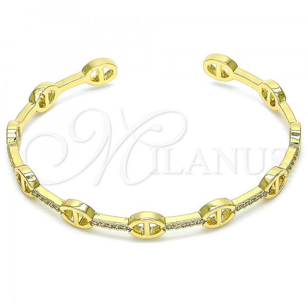 Oro Laminado Individual Bangle, Gold Filled Style Puff Mariner Design, with White Micro Pave, Polished, Golden Finish, 07.341.0006