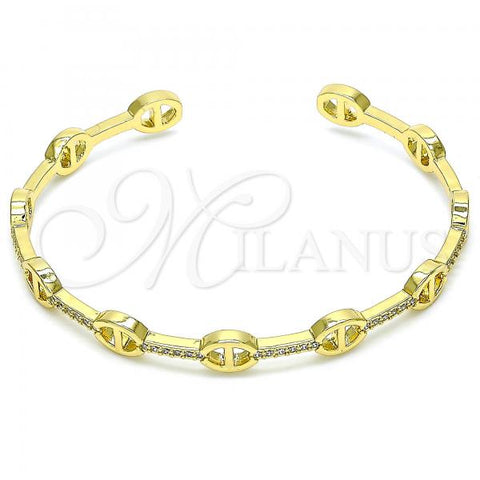 Oro Laminado Individual Bangle, Gold Filled Style Puff Mariner Design, with White Micro Pave, Polished, Golden Finish, 07.341.0006