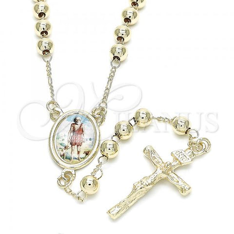 Oro Laminado Medium Rosary, Gold Filled Style San Lazaro and Crucifix Design, Polished, Golden Finish, 09.253.0036.24