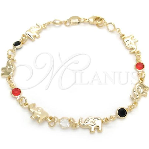 Oro Laminado Fancy Bracelet, Gold Filled Style Elephant Design, with Black and Garnet Cubic Zirconia, Polished, Golden Finish, 03.58.0071.07