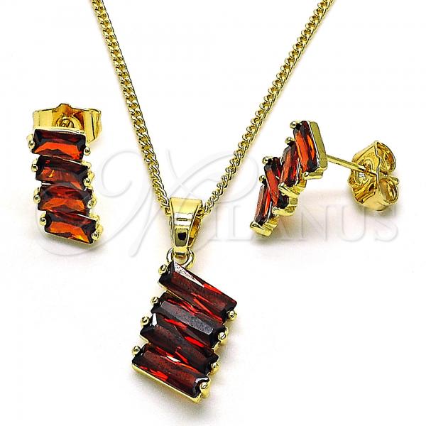 Oro Laminado Earring and Pendant Adult Set, Gold Filled Style with Garnet Cubic Zirconia, Polished, Golden Finish, 10.210.0167.1