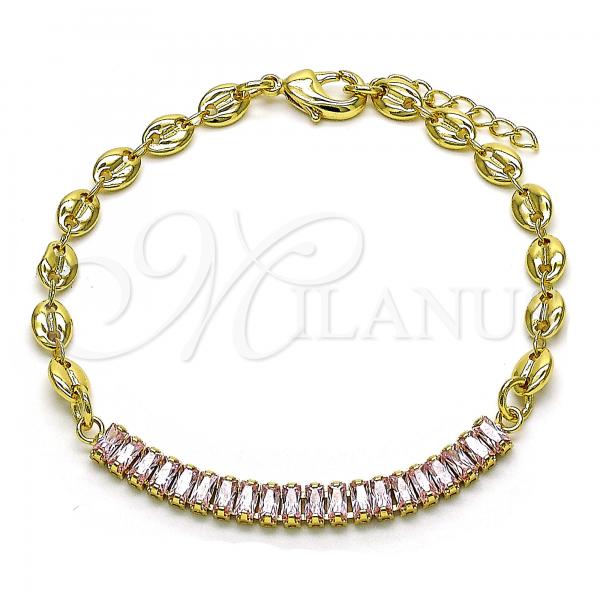 Oro Laminado Fancy Bracelet, Gold Filled Style Puff Mariner Design, with Pink Cubic Zirconia, Polished, Golden Finish, 03.130.0013.3.08